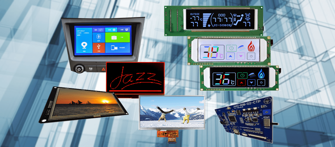 Orient Display product range: TFT modules, custom segment LCDs, a character display and a controller board.