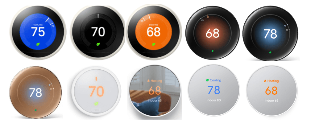 Google Nest thermostat display designs in several colors and finishes