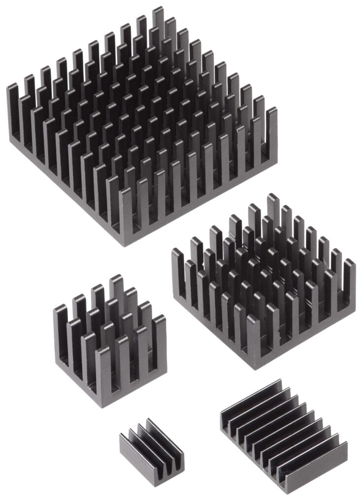 Row of black anodized aluminum heatsink extrusions in several widths