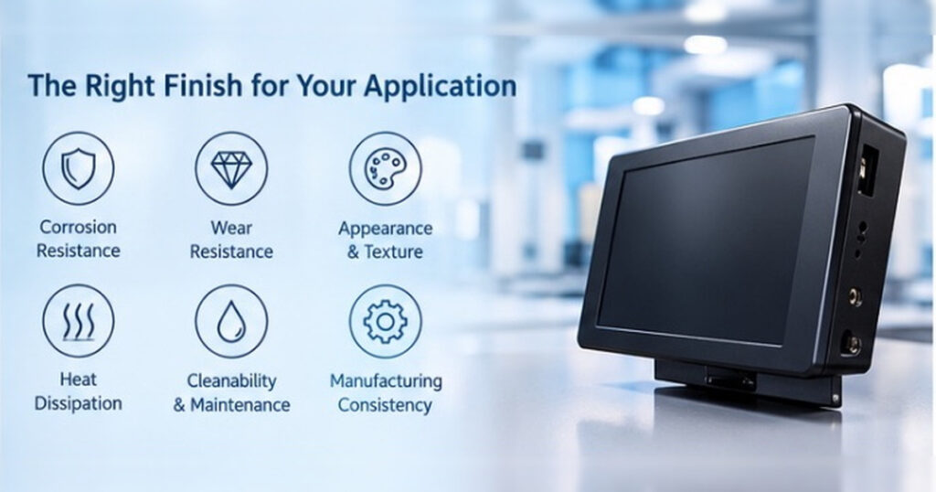 Six factors in choosing an enclosure finish: corrosion resistance, wear resistance, appearance and texture, heat dissipation, cleanability and maintenance, manufacturing consistency