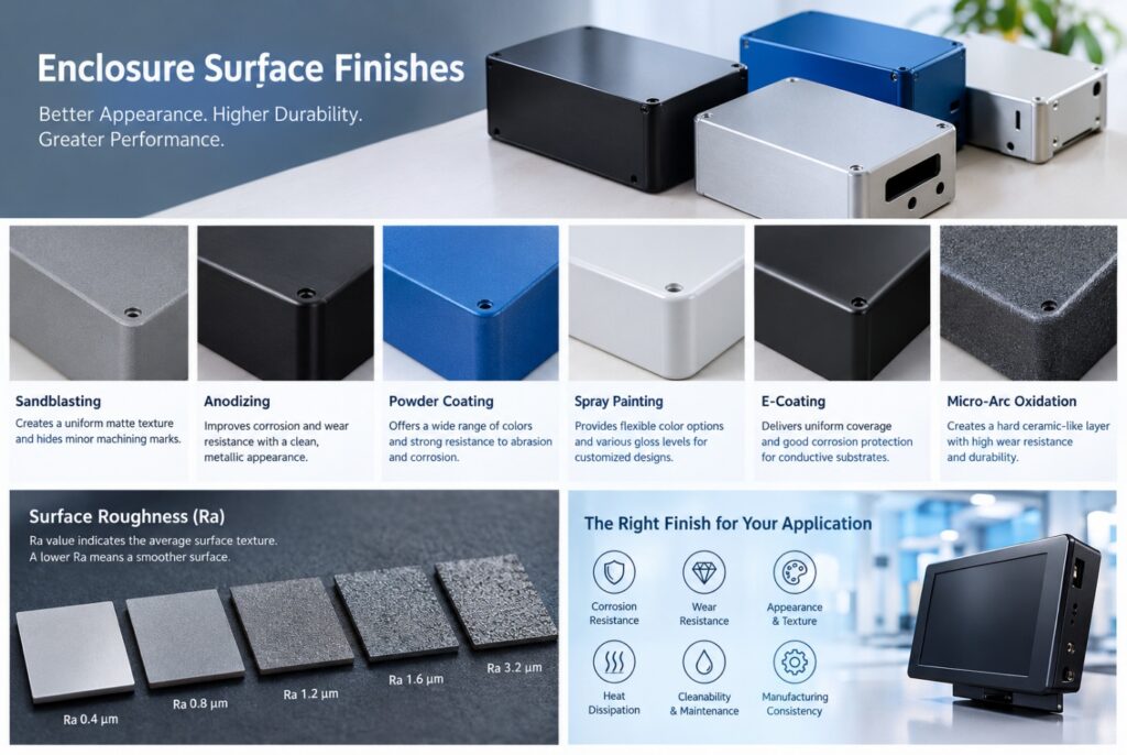 Six enclosure surface finishes compared on aluminum housings: sandblasting, anodizing, powder coating, spray painting, e-coating and micro-arc oxidation