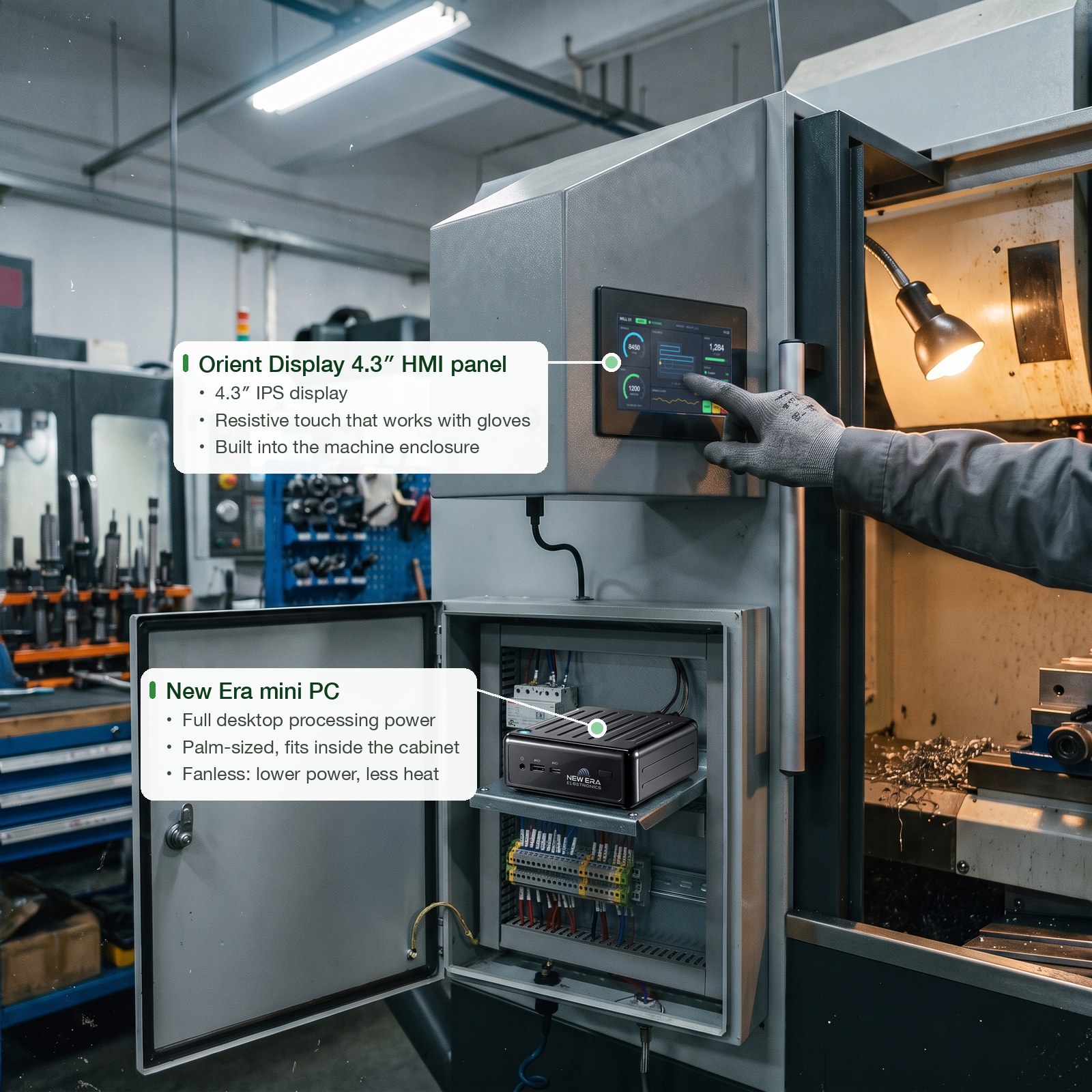 Precision manufacturing: a 4.3″ Orient Display HMI panel on the machine, with the New Era mini PC in the electrical cabinet below