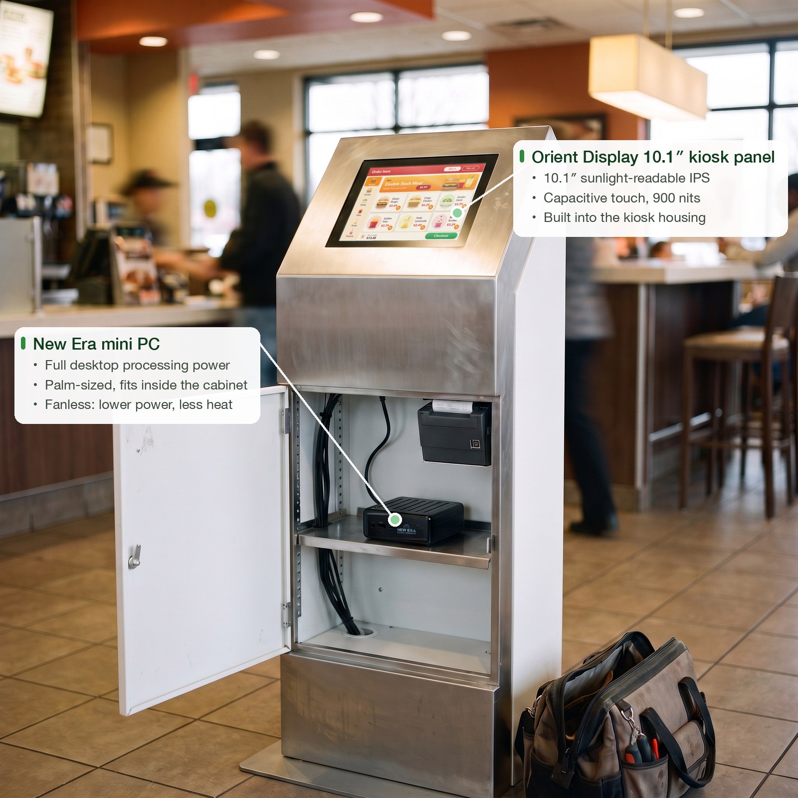Self-order kiosk: a 10.1″ sunlight-readable Orient Display touch panel in a restaurant ordering kiosk, with the New Era mini PC behind the open service door