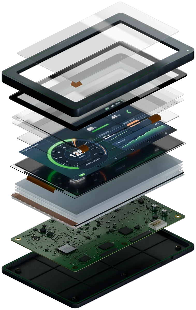 Exploded view of an embedded display: front bezel, cover glass, touch sensor, display panel, backlight, controller board and rear housing